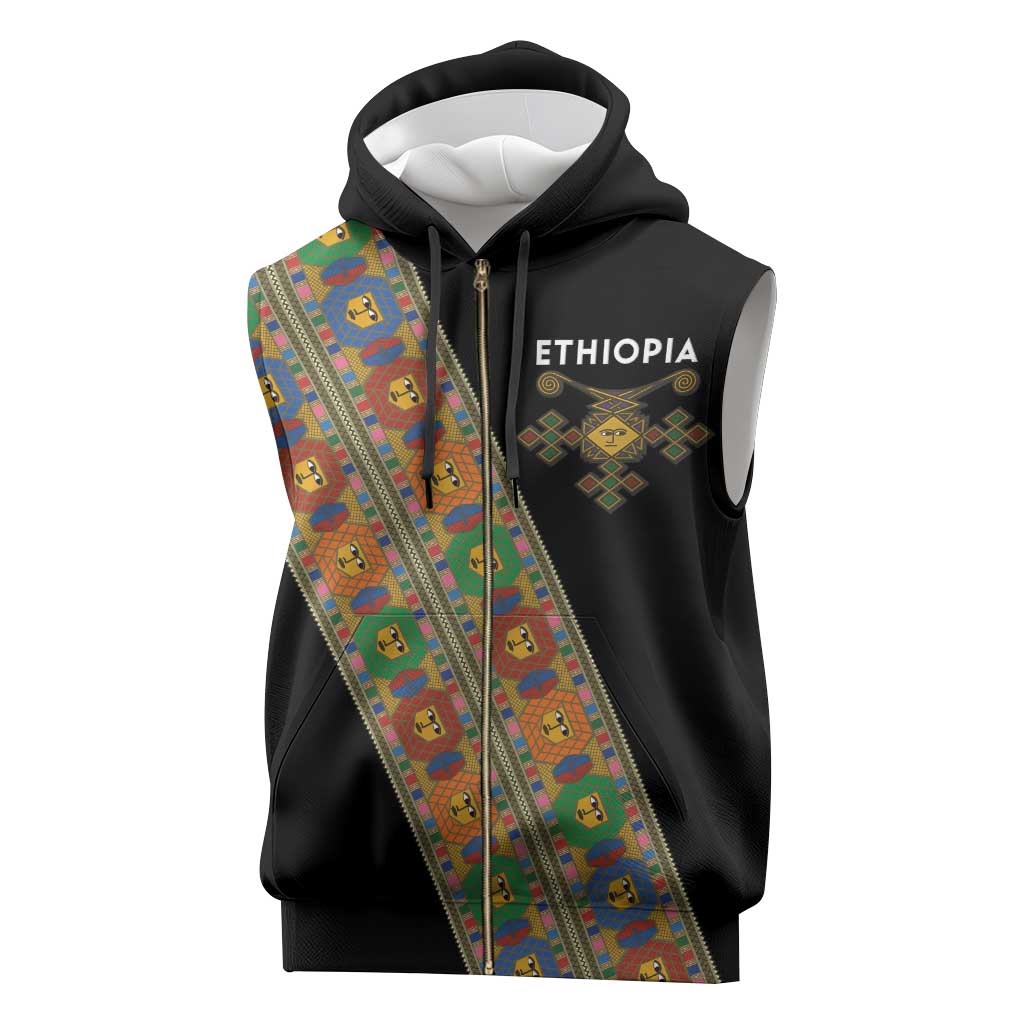 Ethiopia Saba Kemis Sash Style Sleeveless Zip Hoodie Black Color - African Pride