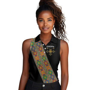 Ethiopia Saba Kemis Sash Style Women Sleeveless Polo Shirt Black Color