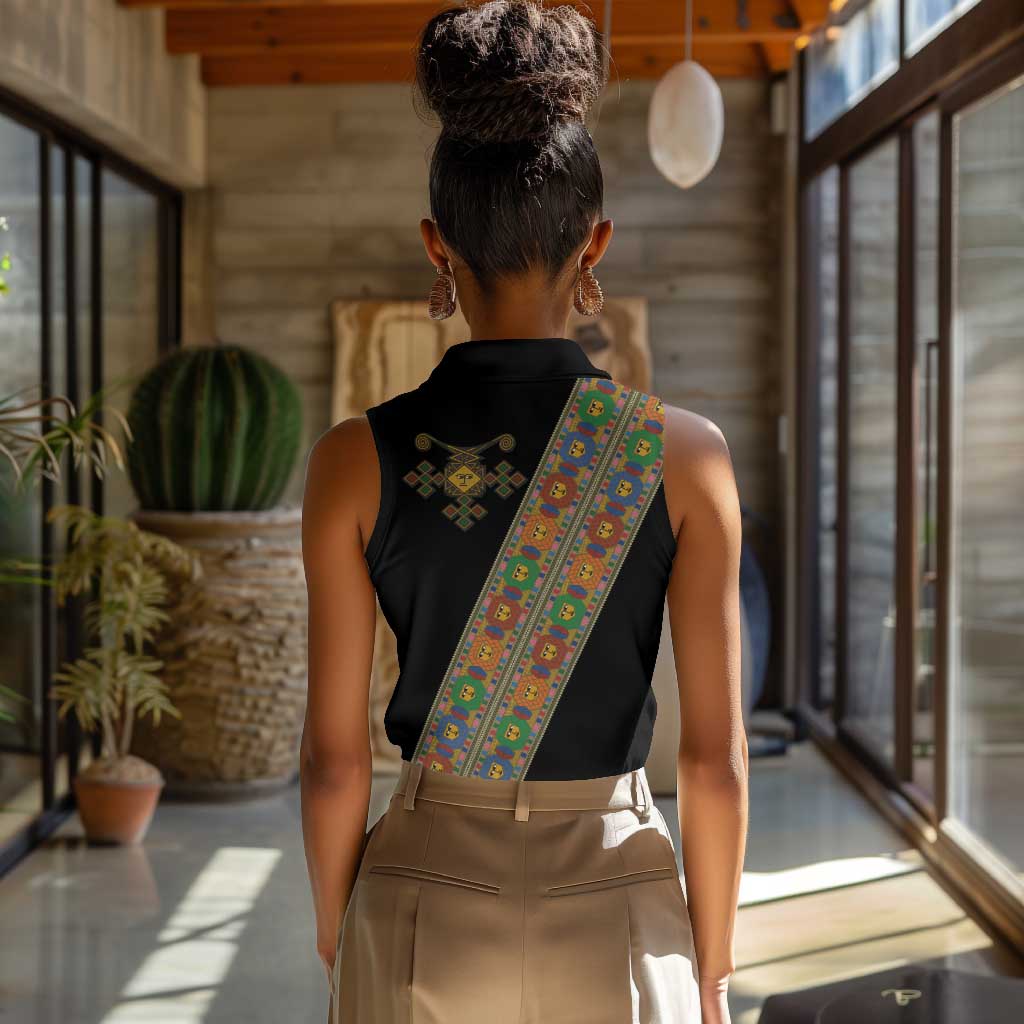 Ethiopia Saba Kemis Sash Style Women Sleeveless Polo Shirt Black Color