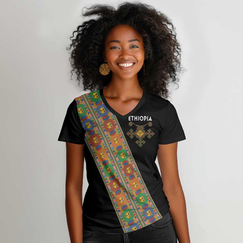 Ethiopia Saba Kemis Sash Style Women V-Neck T-Shirt Black Color