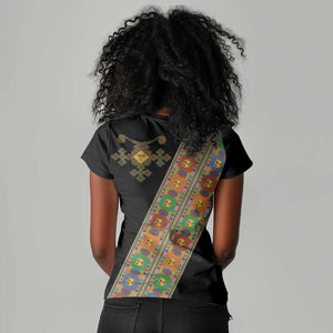 Ethiopia Saba Kemis Sash Style Women V-Neck T-Shirt Black Color
