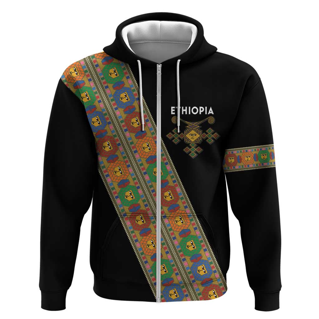Ethiopia Saba Kemis Sash Style Zip Hoodie Black Color