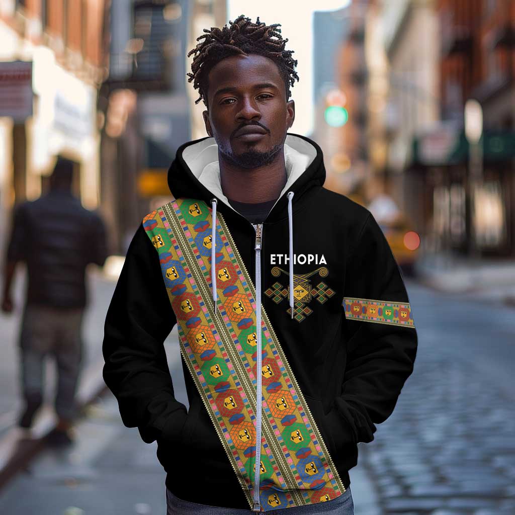 Ethiopia Saba Kemis Sash Style Zip Hoodie Black Color