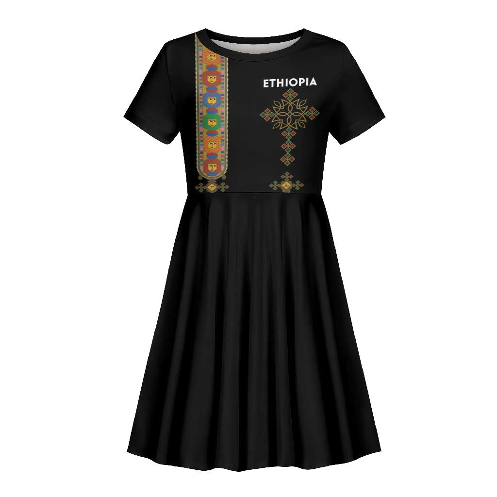 Ethiopia Saba Kemis Kid Short Sleeve Dress Lion Of Judah Black Color