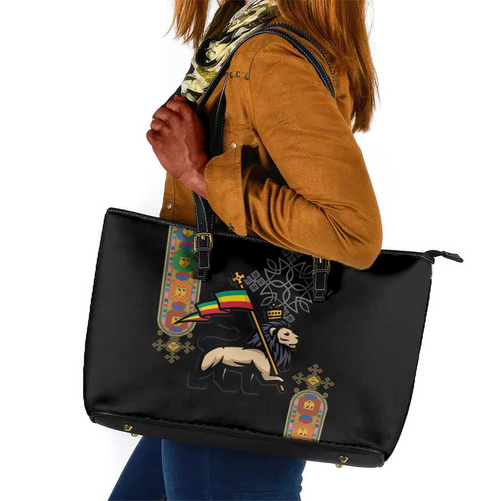 Ethiopia Saba Kemis Leather Tote Bag Lion Of Judah Black Color