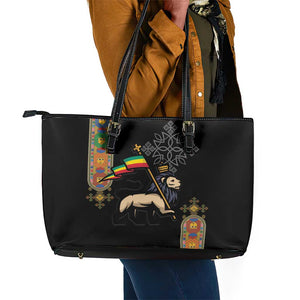 Ethiopia Saba Kemis Leather Tote Bag Lion Of Judah Black Color