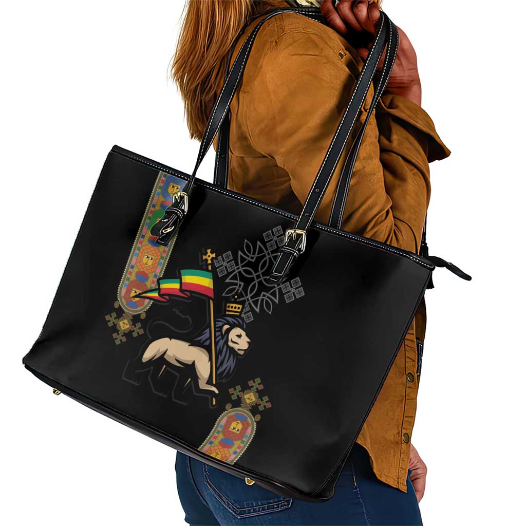 Ethiopia Saba Kemis Leather Tote Bag Lion Of Judah Black Color