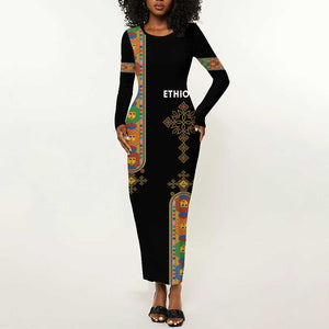 Ethiopia Saba Kemis Long Sleeve Bodycon Dress Lion Of Judah Black Color LT15