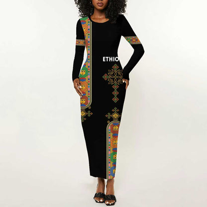 Ethiopia Saba Kemis Long Sleeve Bodycon Dress Lion Of Judah Black Color LT15