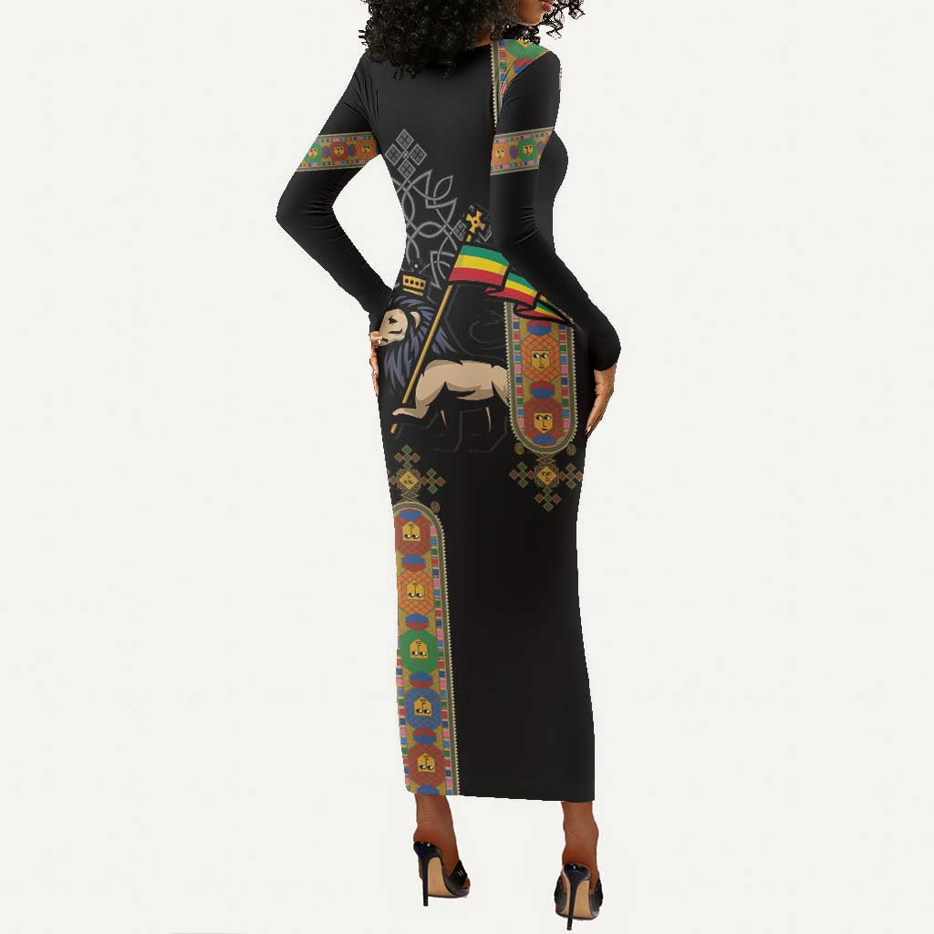 Ethiopia Saba Kemis Long Sleeve Bodycon Dress Lion Of Judah Black Color LT15