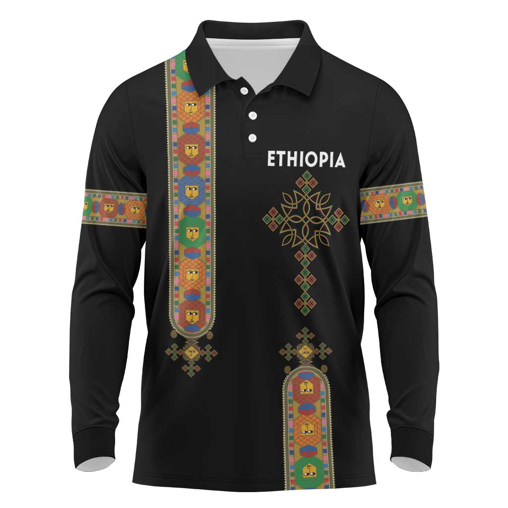 Ethiopia Saba Kemis Long Sleeve Polo Shirt Lion Of Judah Black Color