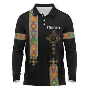 Ethiopia Saba Kemis Long Sleeve Polo Shirt Lion Of Judah Black Color