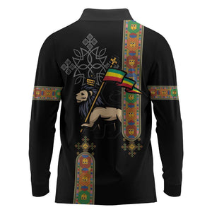 Ethiopia Saba Kemis Long Sleeve Polo Shirt Lion Of Judah Black Color