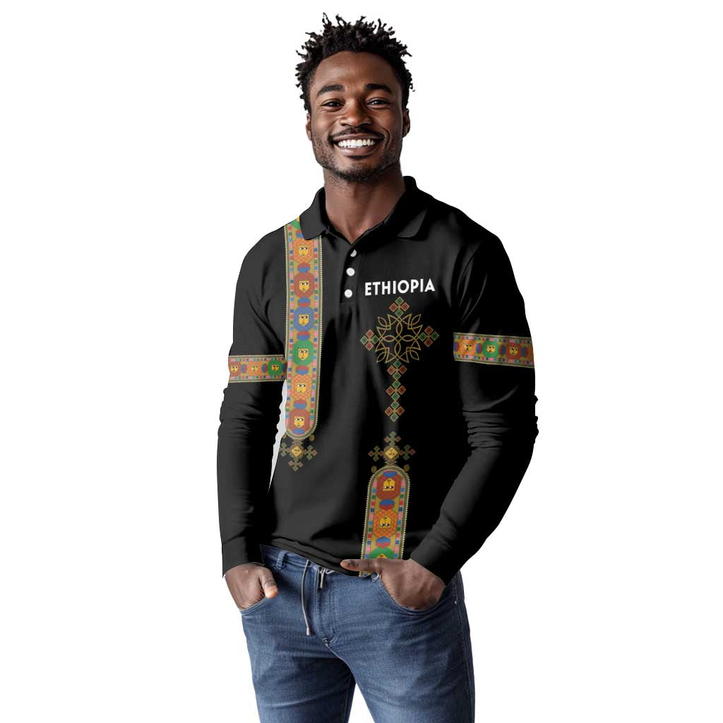 Ethiopia Saba Kemis Long Sleeve Polo Shirt Lion Of Judah Black Color