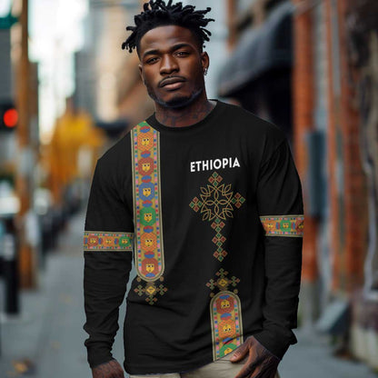 Ethiopia Saba Kemis Long Sleeve Shirt Lion Of Judah Black Color