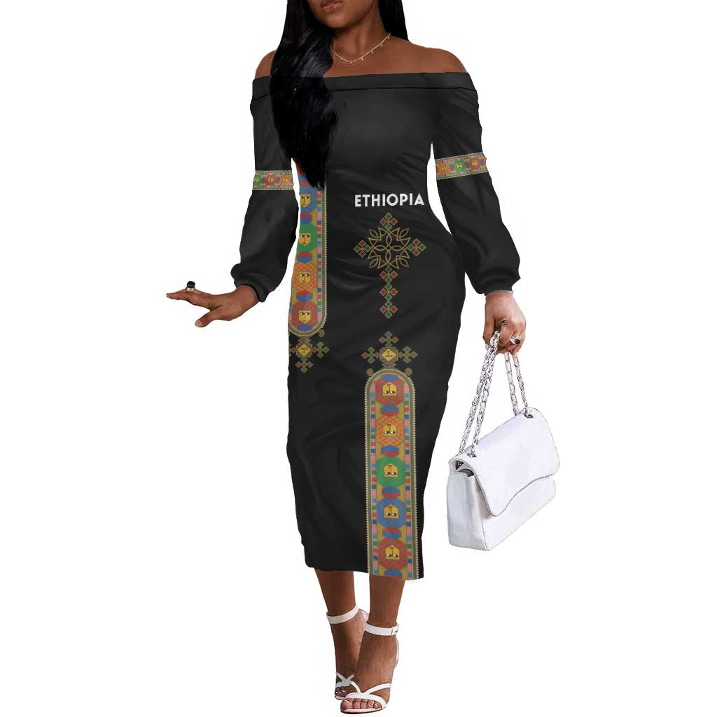 Ethiopia Saba Kemis Off The Shoulder Long Sleeve Dress Lion Of Judah Black Color