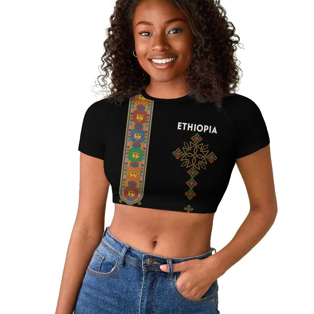 Ethiopia Saba Kemis Raglan Cropped T shirt Lion Of Judah Black Color