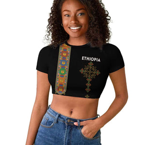 Ethiopia Saba Kemis Raglan Cropped T shirt Lion Of Judah Black Color
