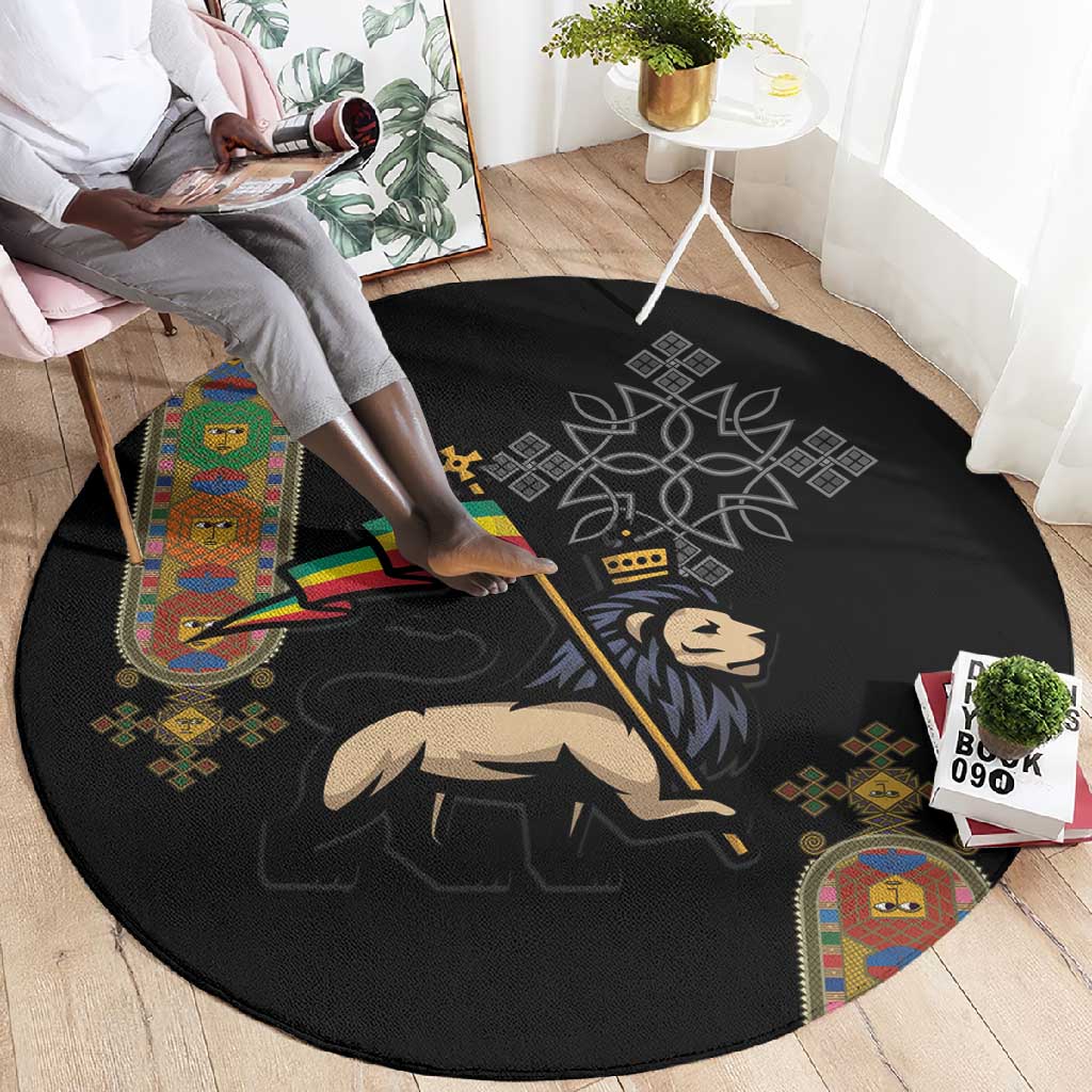 Ethiopia Saba Kemis Round Carpet Lion Of Judah Black Color
