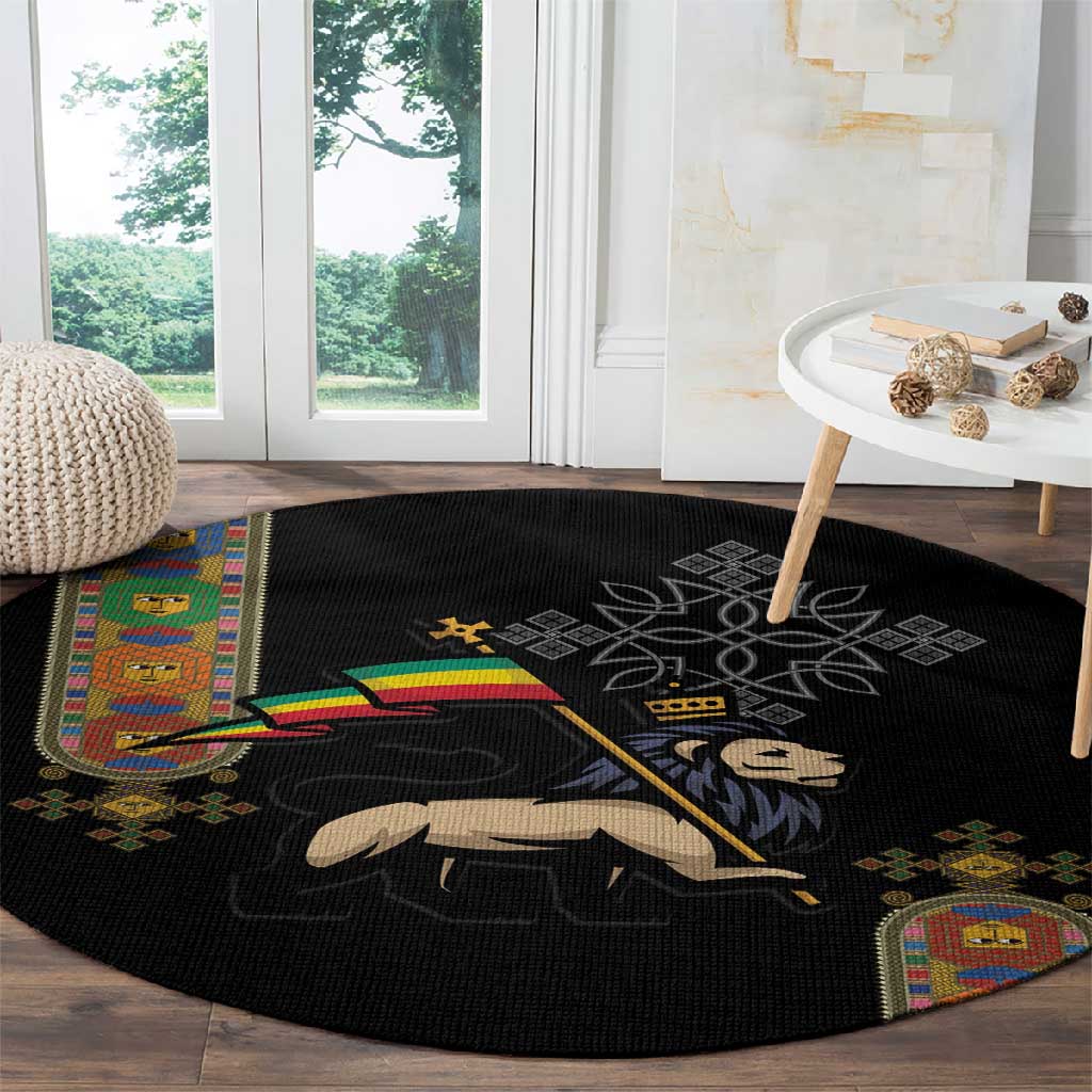 Ethiopia Saba Kemis Round Carpet Lion Of Judah Black Color