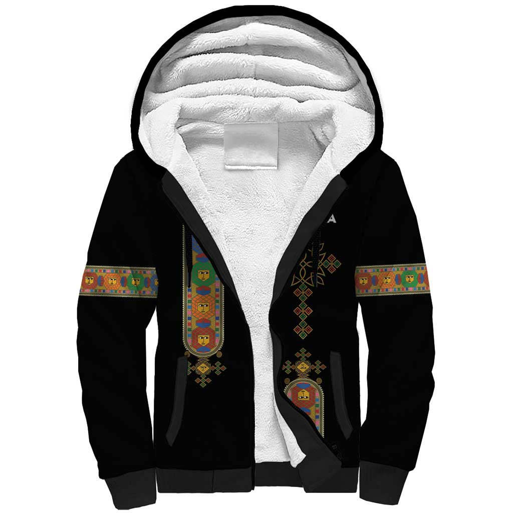 Ethiopia Saba Kemis Sherpa Hoodie Lion Of Judah Black Color