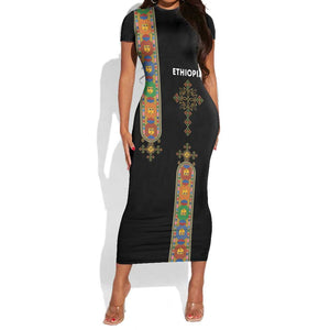 Ethiopia Saba Kemis Short Sleeve Bodycon Dress Lion Of Judah Black Color LT15