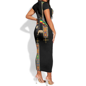 Ethiopia Saba Kemis Short Sleeve Bodycon Dress Lion Of Judah Black Color LT15