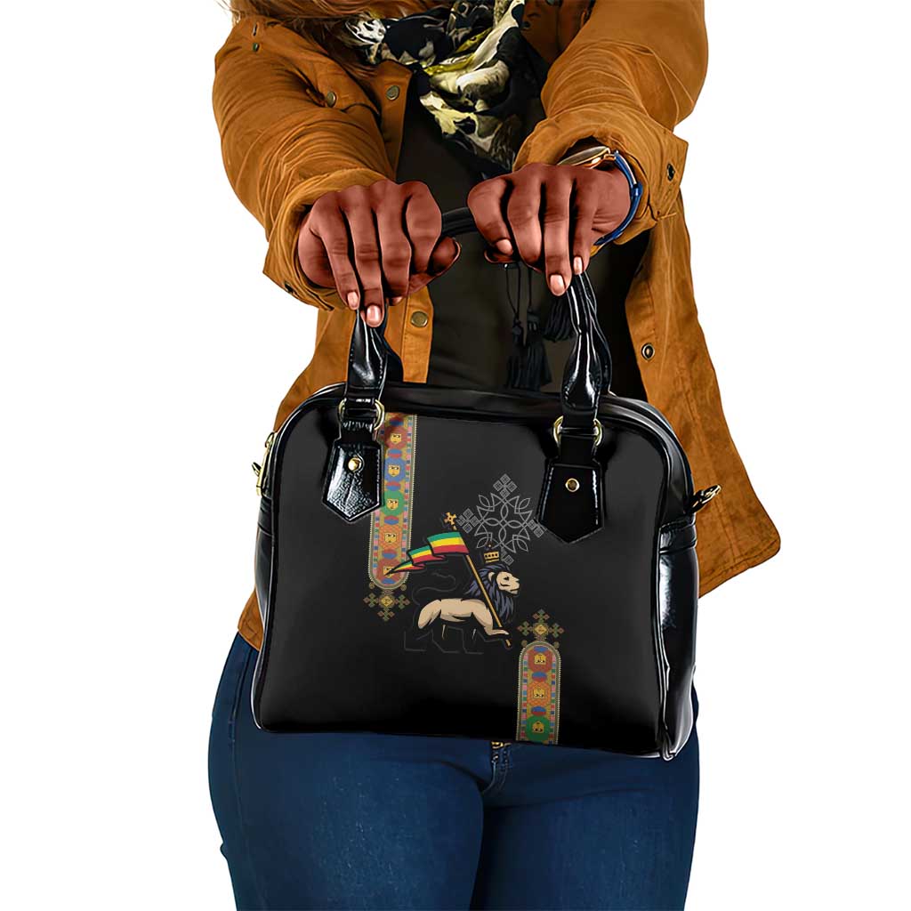 Ethiopia Saba Kemis Shoulder Handbag Lion Of Judah Black Color