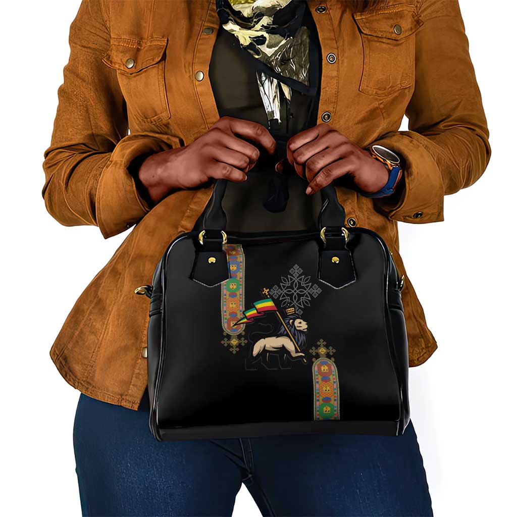 Ethiopia Saba Kemis Shoulder Handbag Lion Of Judah Black Color