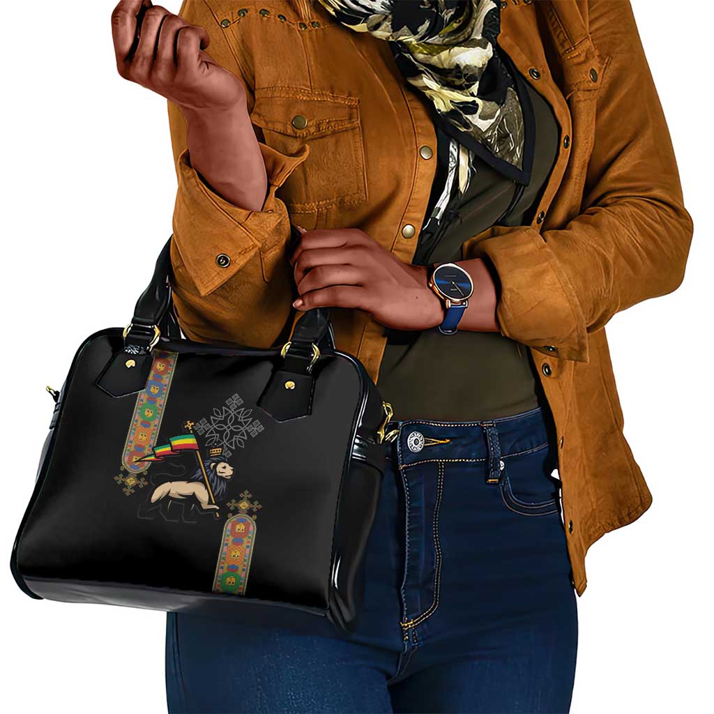 Ethiopia Saba Kemis Shoulder Handbag Lion Of Judah Black Color