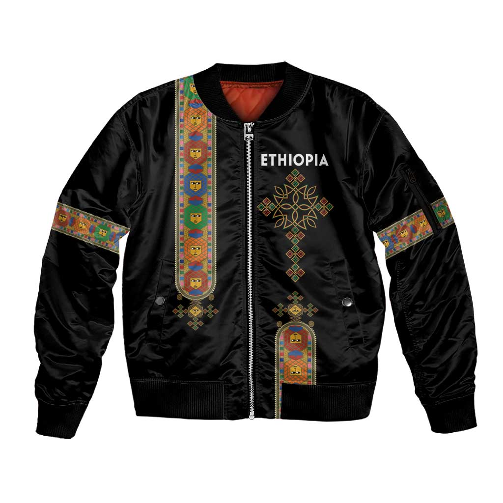 Ethiopia Saba Kemis Sleeve Zip Bomber Jacket Lion Of Judah Black Color