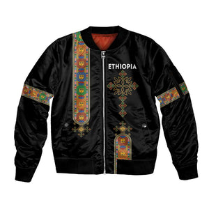 Ethiopia Saba Kemis Sleeve Zip Bomber Jacket Lion Of Judah Black Color