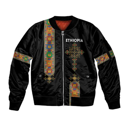 Ethiopia Saba Kemis Sleeve Zip Bomber Jacket Lion Of Judah Black Color