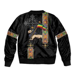 Ethiopia Saba Kemis Sleeve Zip Bomber Jacket Lion Of Judah Black Color