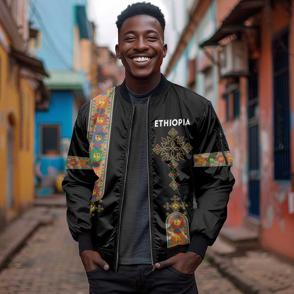 Ethiopia Saba Kemis Sleeve Zip Bomber Jacket Lion Of Judah Black Color