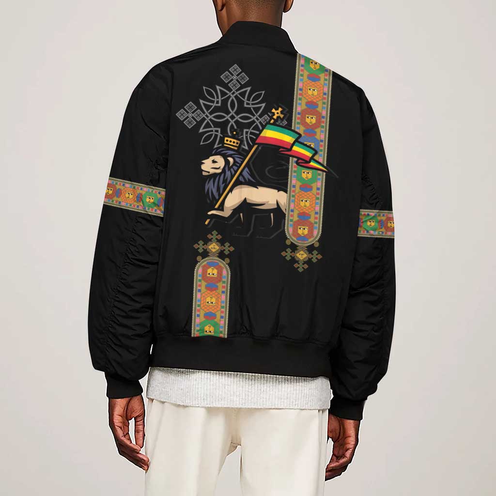 Ethiopia Saba Kemis Sleeve Zip Bomber Jacket Lion Of Judah Black Color