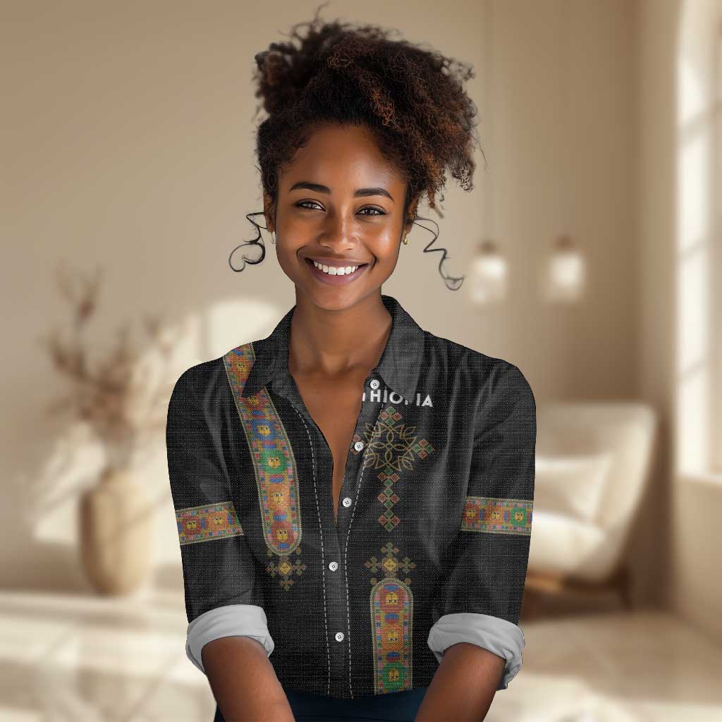 Ethiopia Saba Kemis Women Casual Shirt Lion Of Judah Black Color