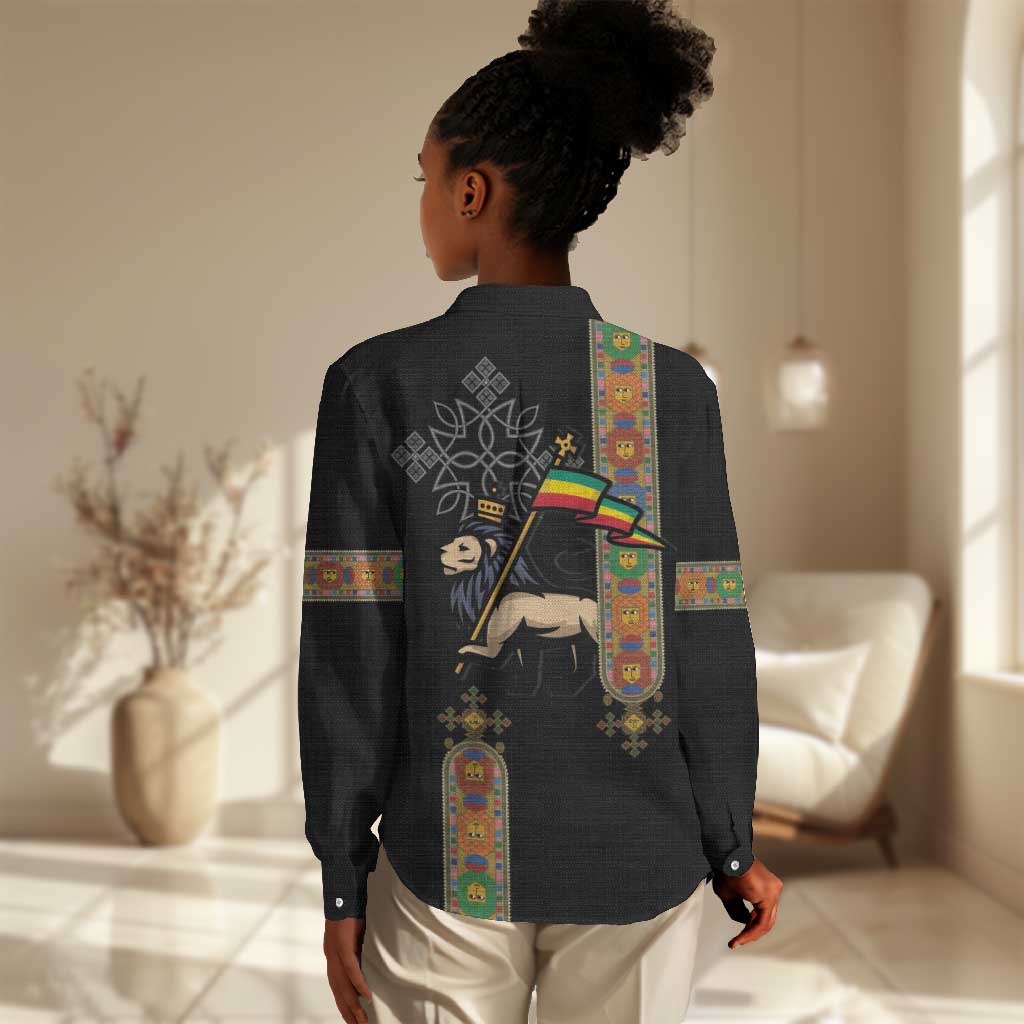 Ethiopia Saba Kemis Women Casual Shirt Lion Of Judah Black Color