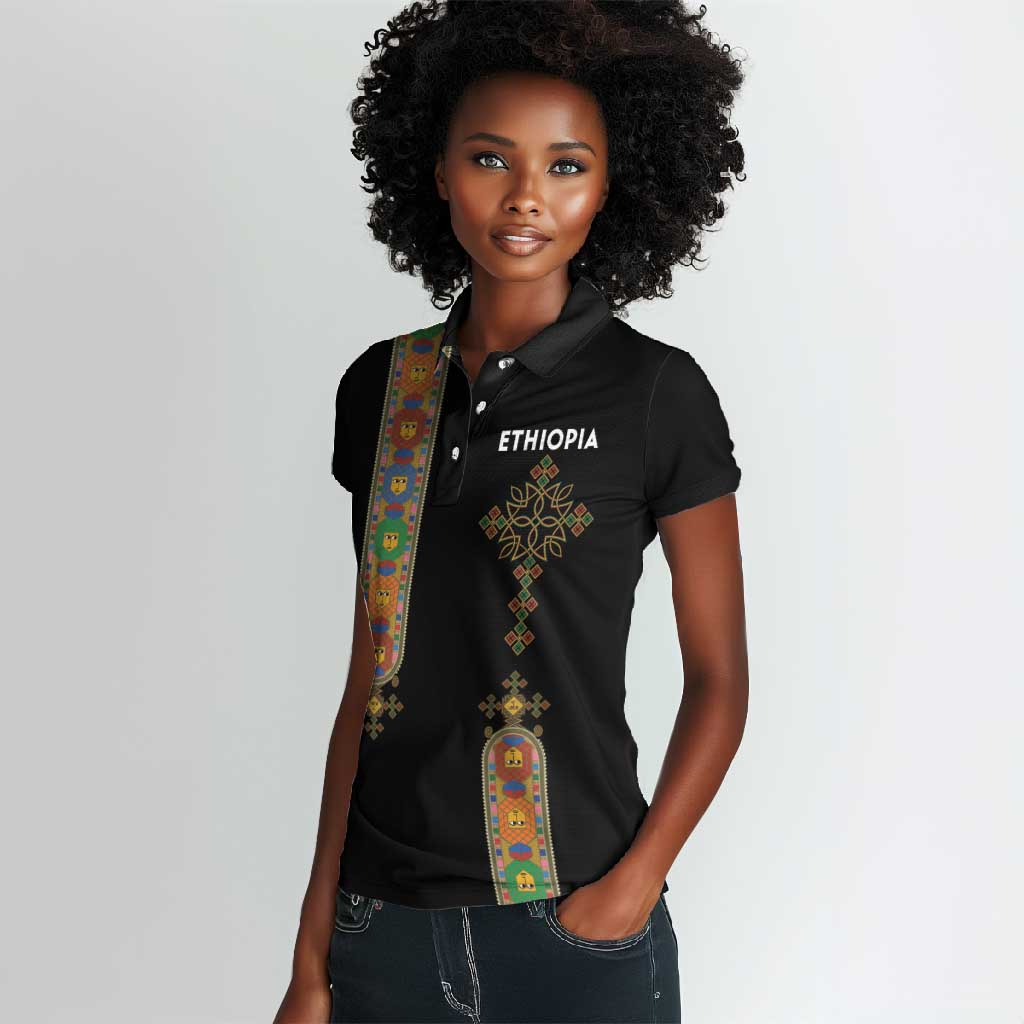 Ethiopia Saba Kemis Women Polo Shirt Lion Of Judah Black Color