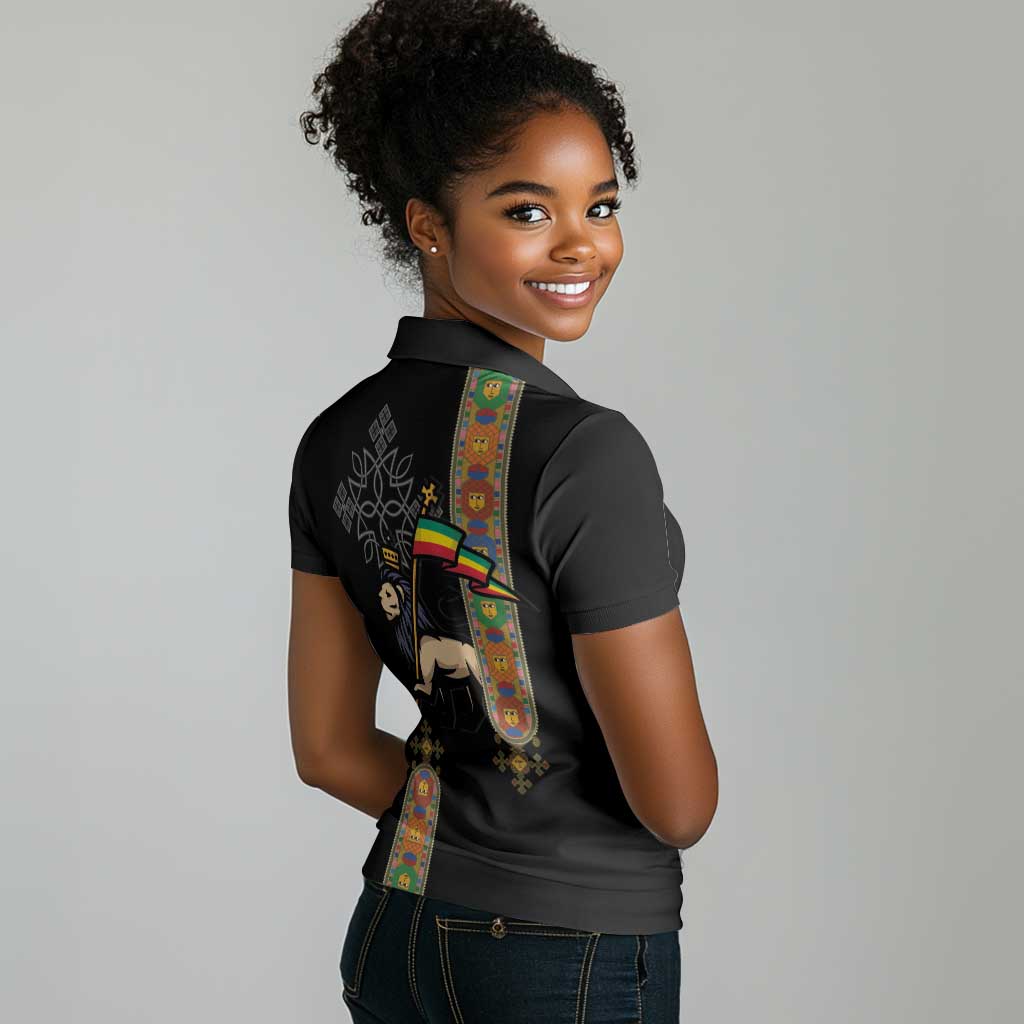 Ethiopia Saba Kemis Women Polo Shirt Lion Of Judah Black Color