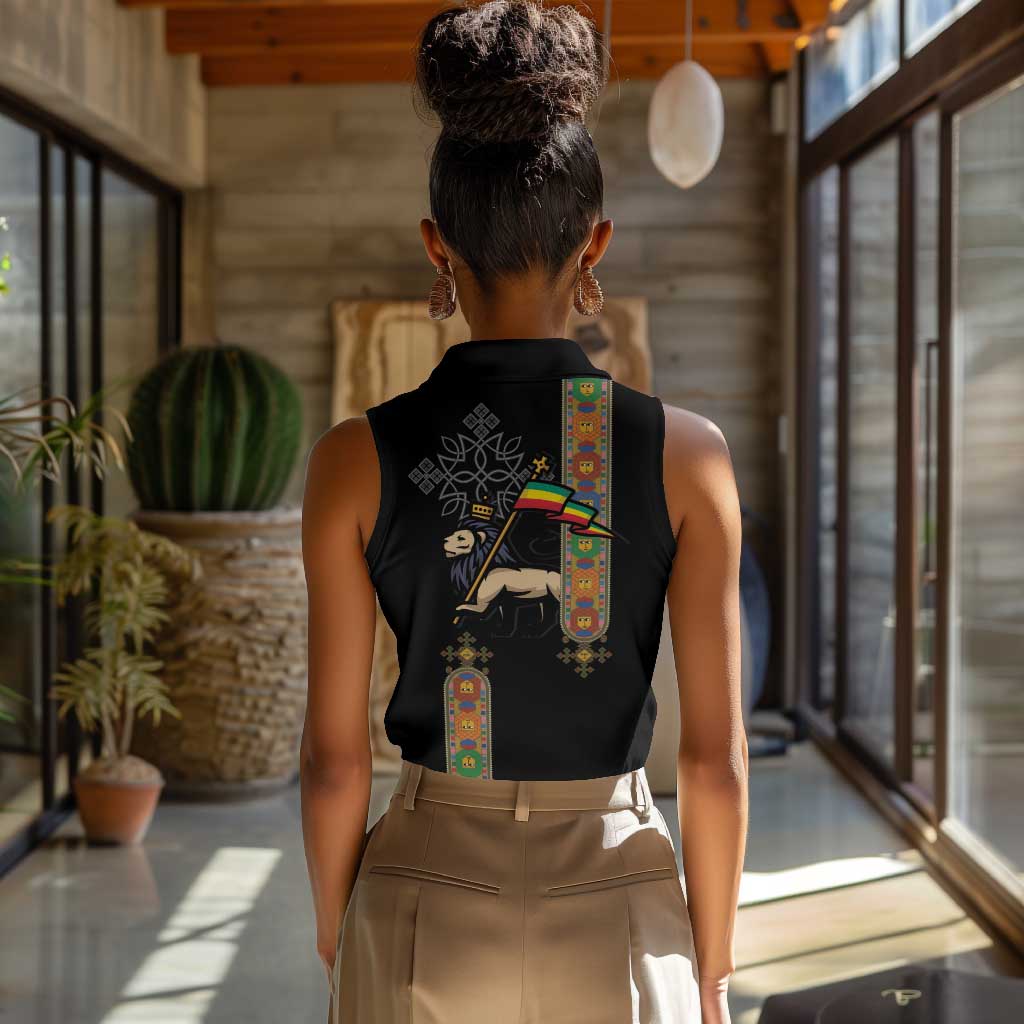 Ethiopia Saba Kemis Women Sleeveless Polo Shirt Lion Of Judah Black Color