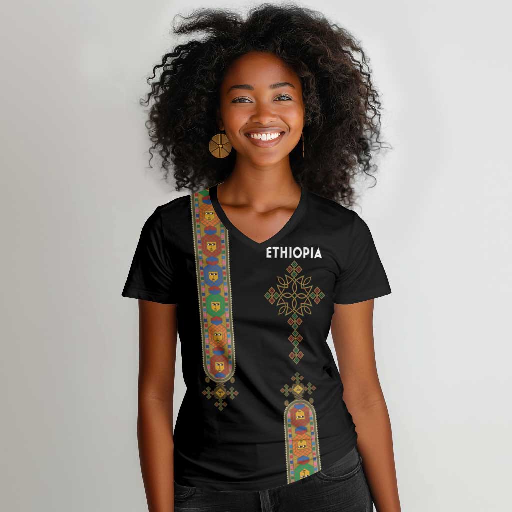 Ethiopia Saba Kemis Women V-Neck T-Shirt Lion Of Judah Black Color