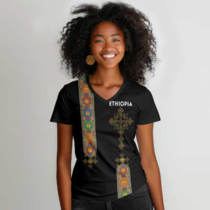 Ethiopia Saba Kemis Women V-Neck T-Shirt Lion Of Judah Black Color