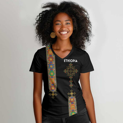 Ethiopia Saba Kemis Women V-Neck T-Shirt Lion Of Judah Black Color
