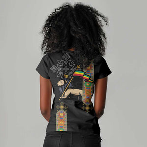 Ethiopia Saba Kemis Women V-Neck T-Shirt Lion Of Judah Black Color