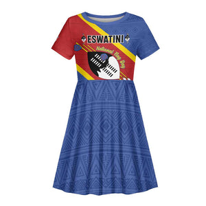 Personalized Happy Swaziland National Flag Day Kid Short Sleeve Dress Nguni Shield Flag Style - African Pattern