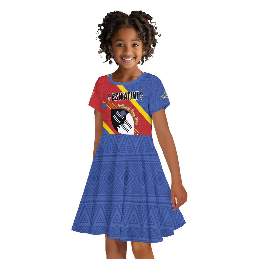 Personalized Happy Swaziland National Flag Day Kid Short Sleeve Dress Nguni Shield Flag Style - African Pattern