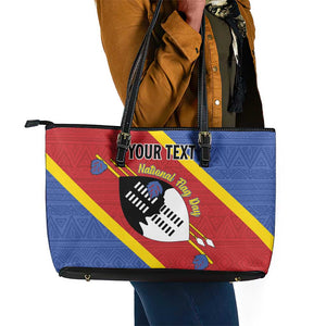 Personalized Happy Swaziland National Flag Day Leather Tote Bag Nguni Shield Flag Style - African Pattern
