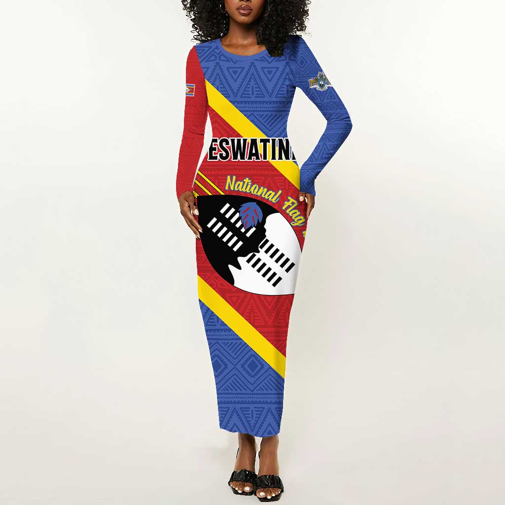 Personalized Happy Swaziland National Flag Day Long Sleeve Bodycon Dress Nguni Shield Flag Style - African Pattern LT15