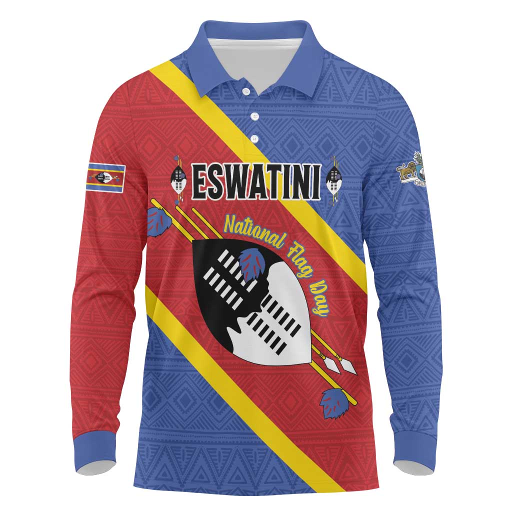 Personalized Happy Swaziland National Flag Day Long Sleeve Polo Shirt Nguni Shield Flag Style - African Pattern
